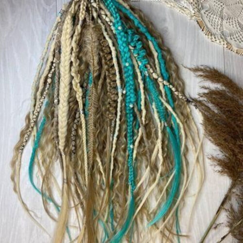 Boho synthetic braids set in turquoise and beige | Handmade textured synthetic …